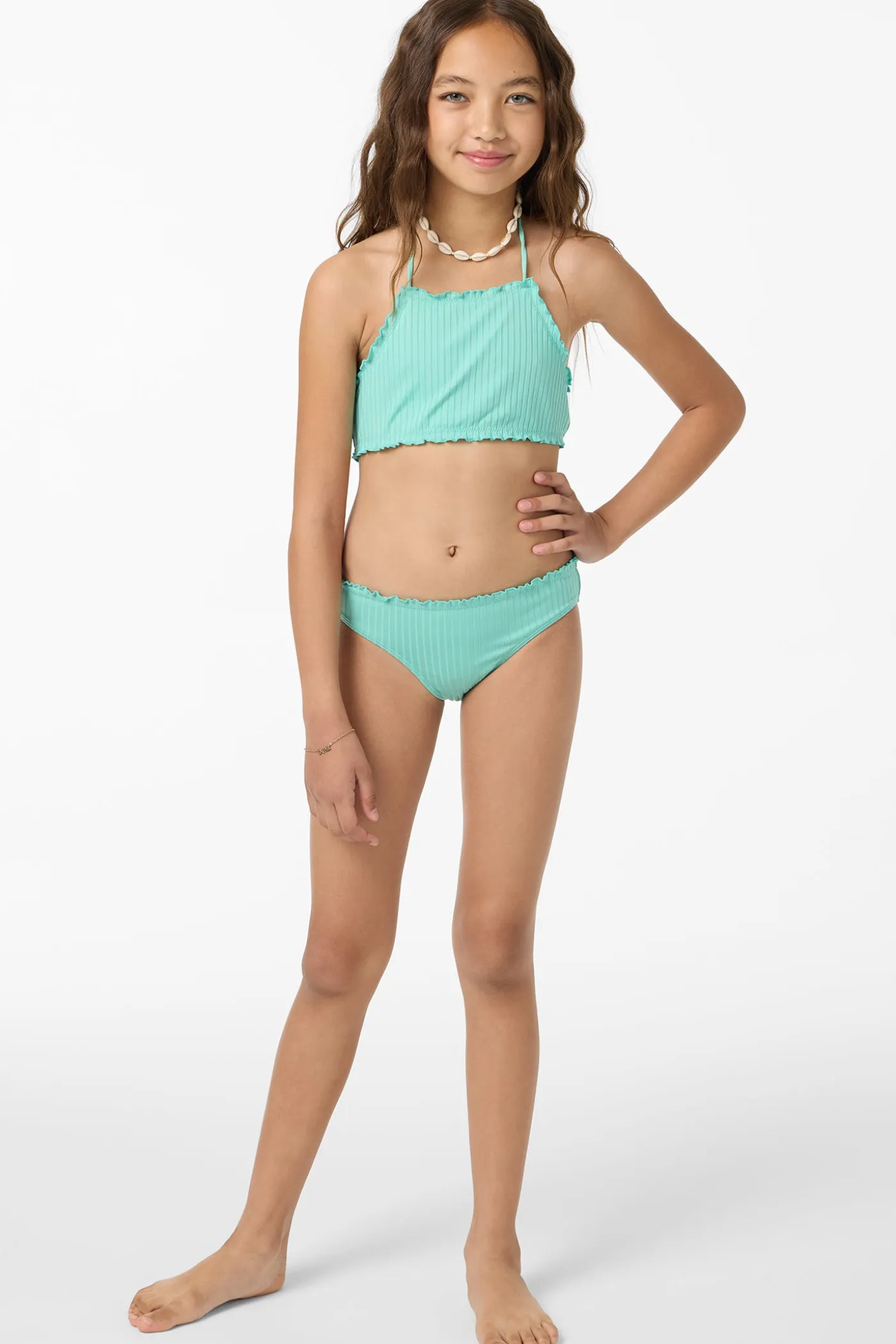 Girl's Shorebreak Rib Ruffle Edge Hi Neck Swim Set