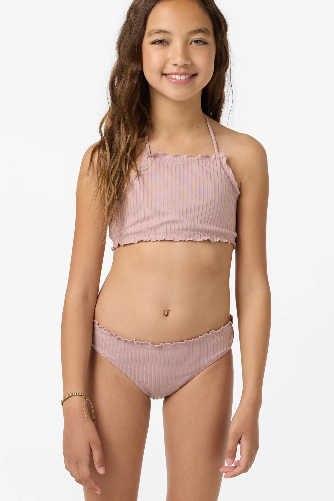 Girl's Shorebreak Rib Ruffle Edge Hi Neck Swim Set