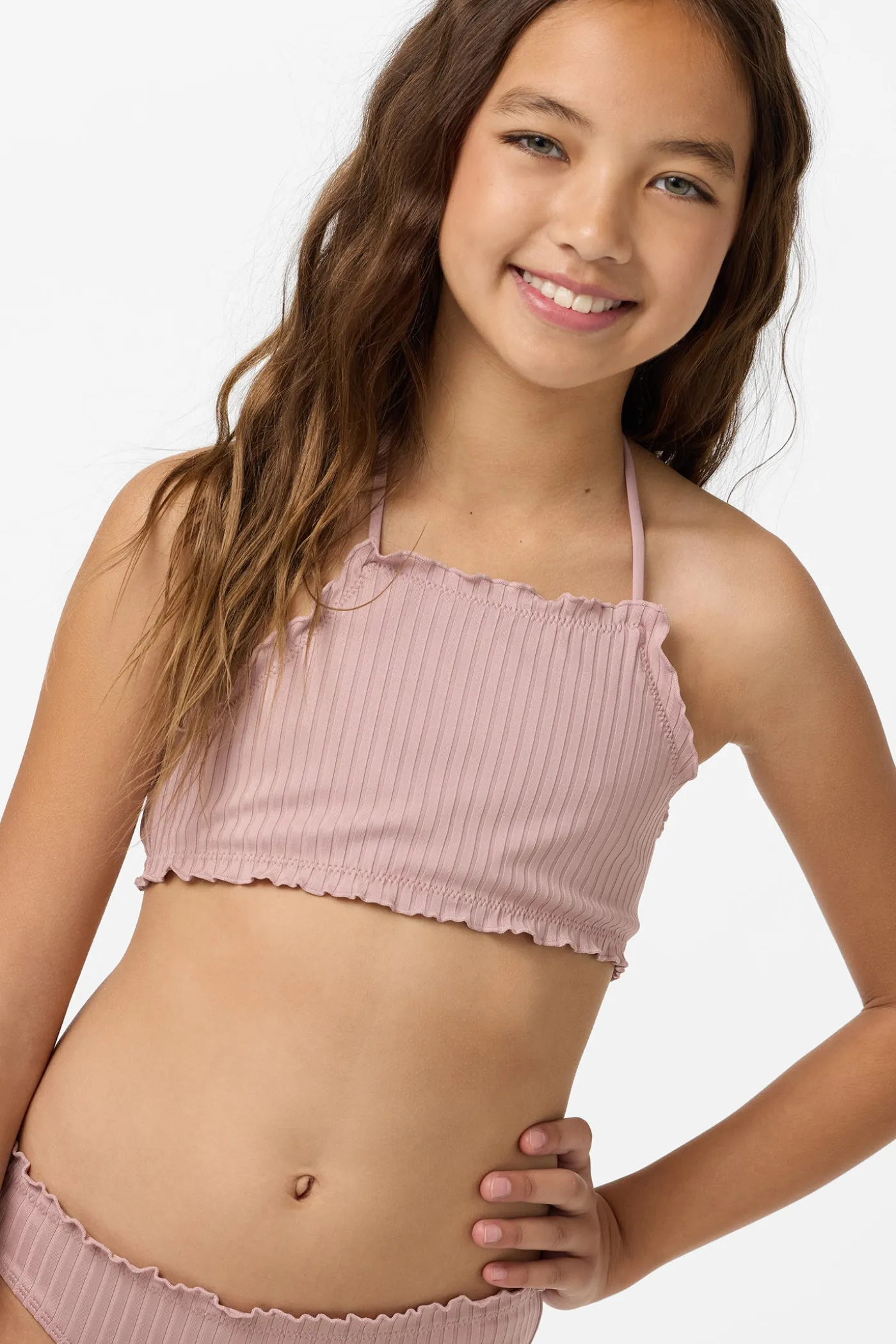 Girl's Shorebreak Rib Ruffle Edge Hi Neck Swim Set